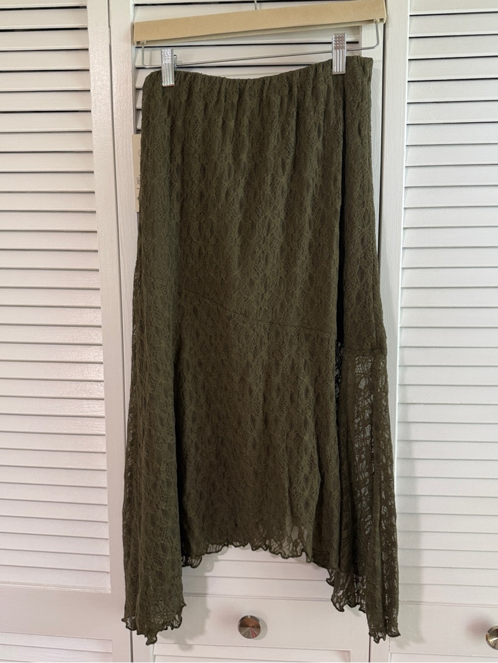 Asymmetrical Olive Lace Midi Skirt